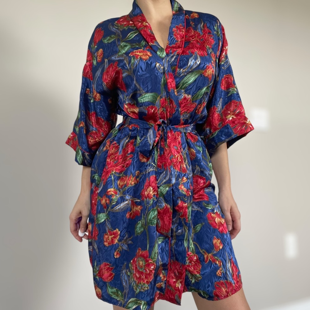 Cypress 90’s Vintage Multi-Colored Satin Like Floral Belted Robe - Size Med